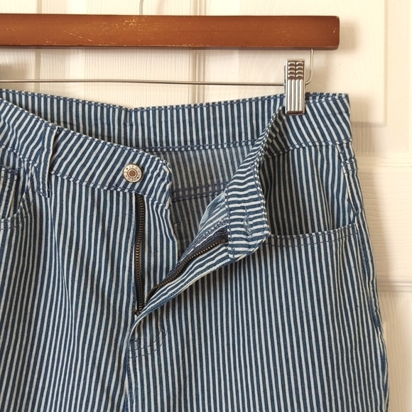 Boho Chic Pinstriped High Waisted Fit & Flare Raw Hem Denim Jeans Blue White L - Picture 7 of 14